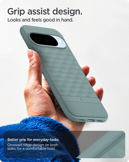 ACS09709 - Pixel 10 Pixel 10 Pro in sage green showing the grip assist design. Looks and feels good in hand. Better grip for everyday-tasks. Grooved ridge design on both sides for a comfortable hold