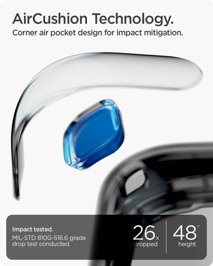 ACS09698 - Pixel 10 / Pixel 10 Pro Case Rugged Armor (MagFit) in black showing the AirCushion Technology. Corner air pocket design for impact mitigation. Impact tested with 26x dropped at 48" height.