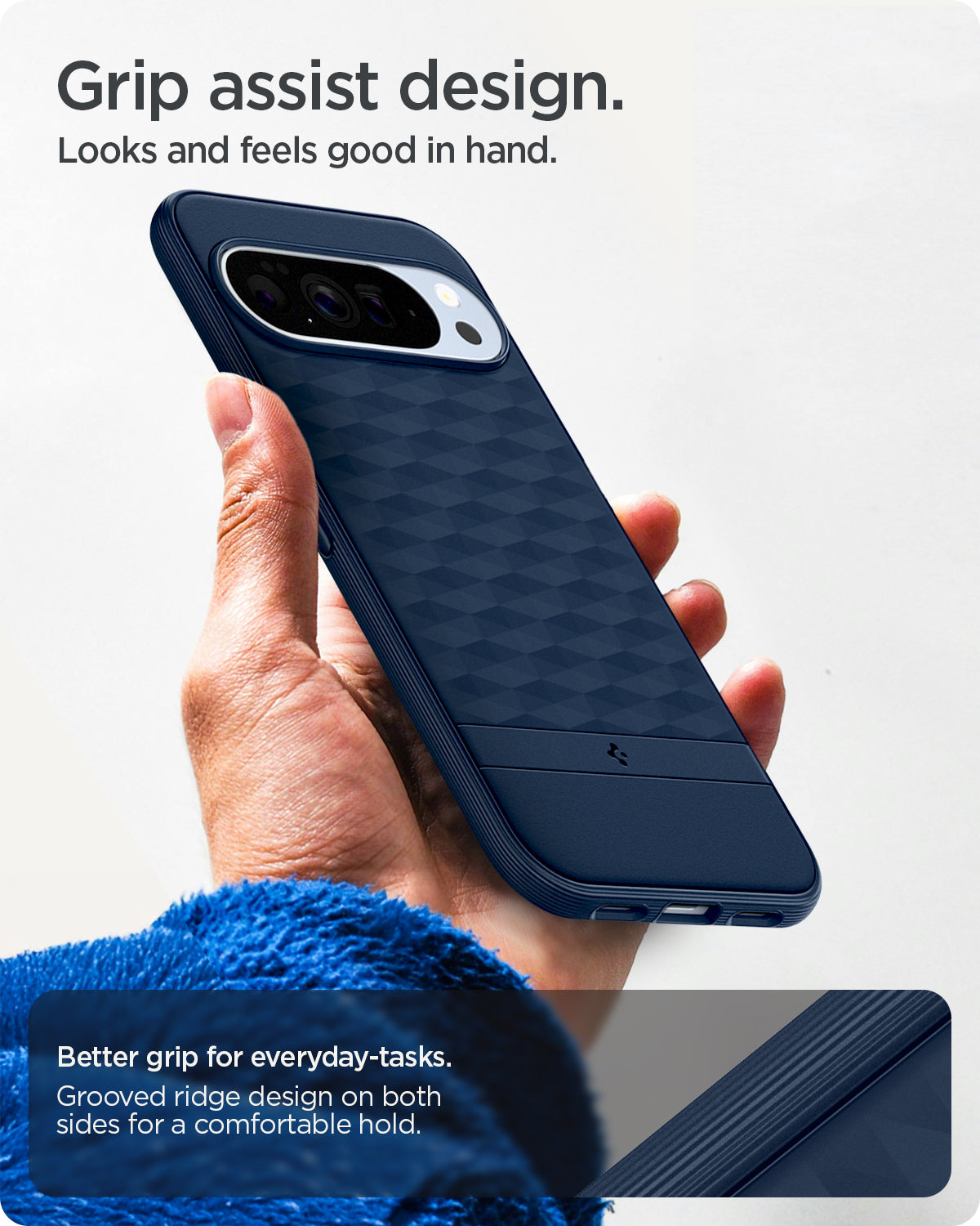ACS09733 - Pixel 10 Pro XL Case Parallax (MagFit) in midnight blue showing the grip assist design. Looks and feels good in hand. Better grip for everyday-tasks. Grooved ridge design on both sides for a comfortable hold