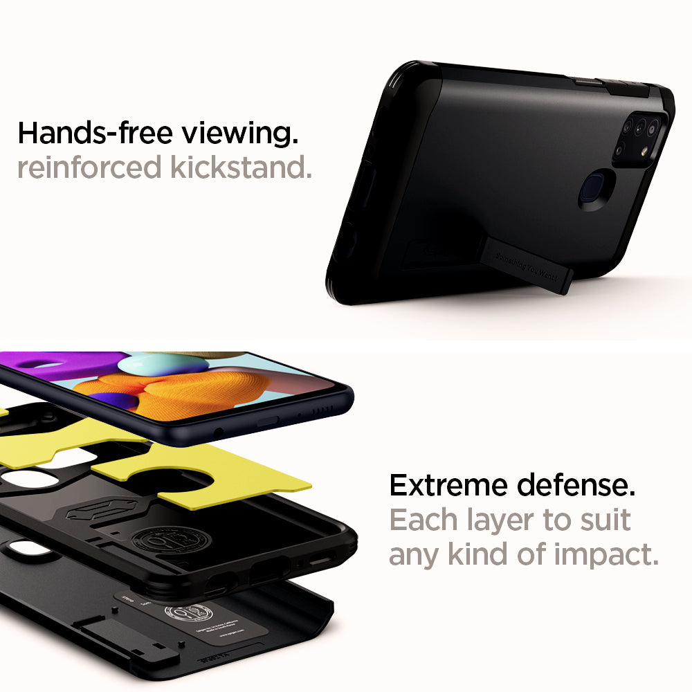 ACS00977 - Galaxy A21s Case Tough Armor in Metal Slate showing the hands-free viewing, reinforced kickstand. Extreme defense. Each layer to suit any kind of impact