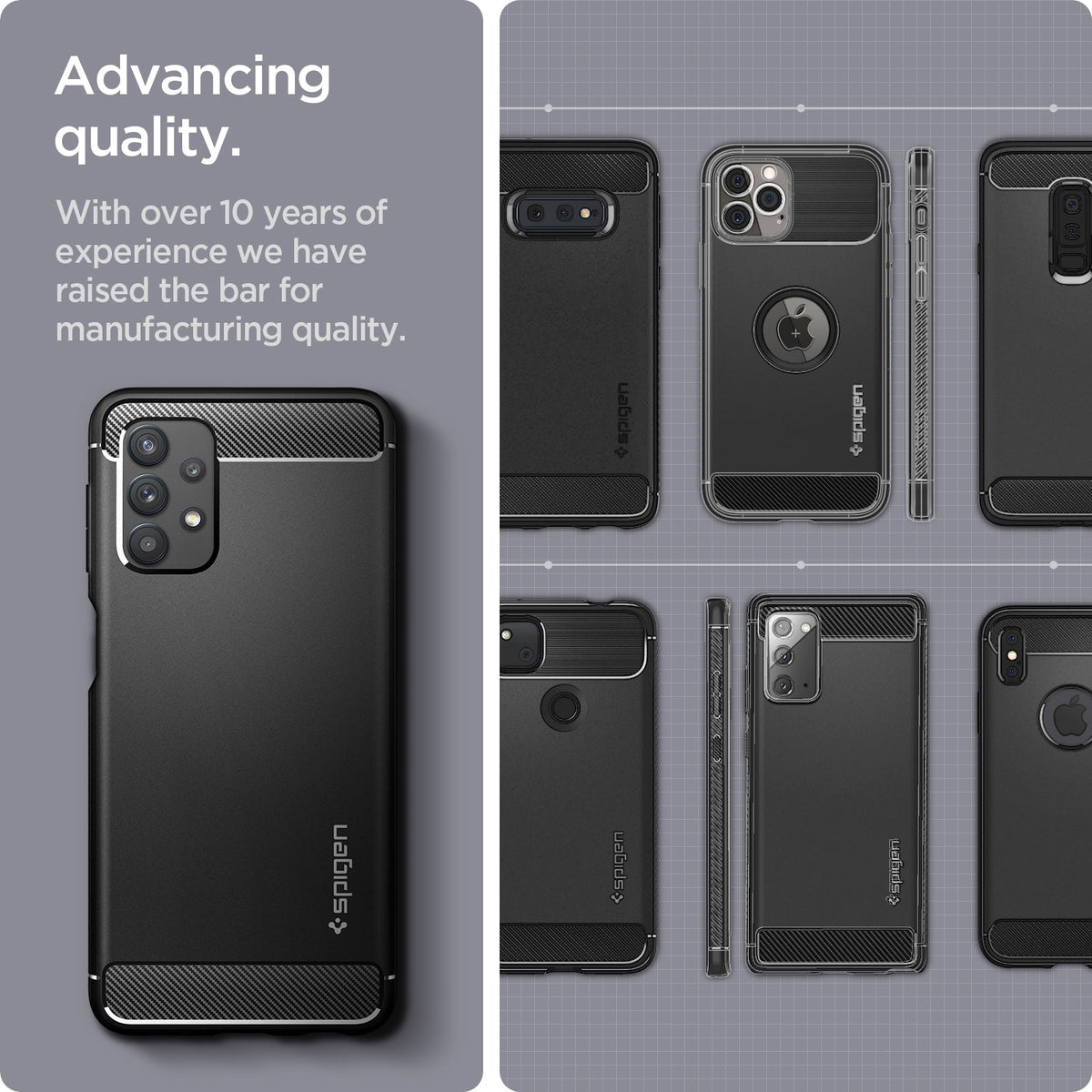 ACS03046 - Galaxy A32 5G Case Rugged Armor in Matte Black showing advancing quality. With over 10 years of experience we have raised the bar for manufacturing quality