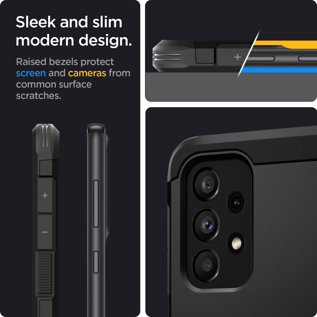 ACS04319 - Galaxy A33 5G Case Tough Armor in Black showing the sleek and slim modern design. Raised bezels protect screen and cameras from common surface scratches
