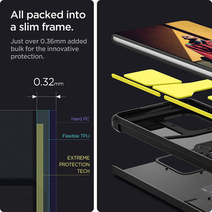 ACS02319 - Galaxy A52 Case Tough Armor in Black showing the all packed into a slim frame. Just over 0.36mm added bulk for the innovative protection. Hard PC, Flexible TPU and Extreme Protection Tech