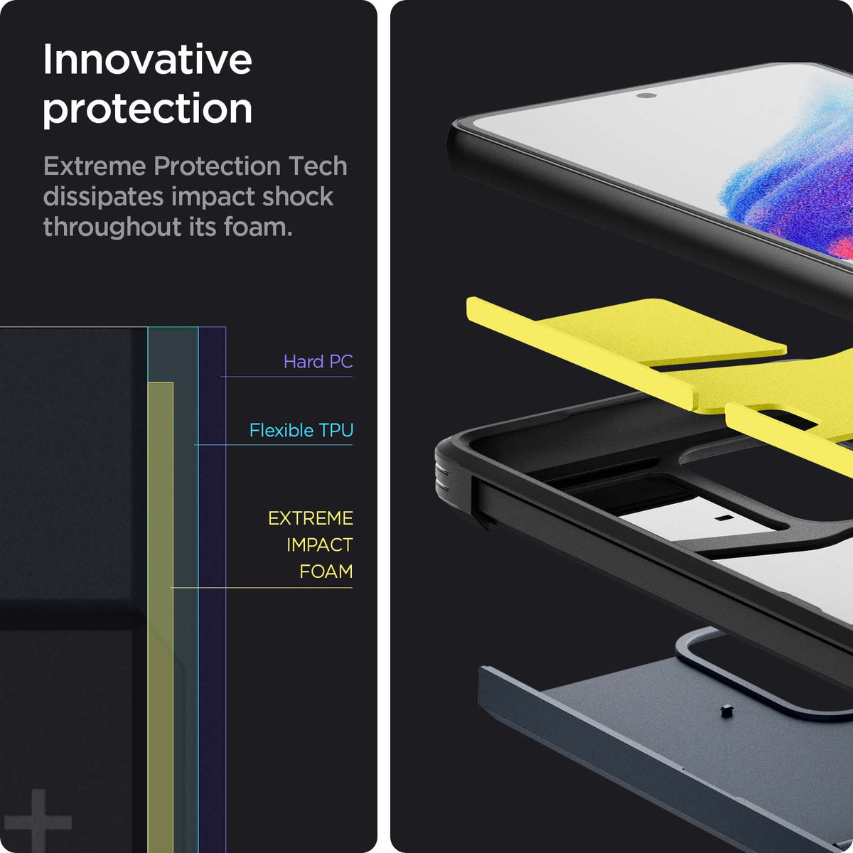 ACS04256 - Galaxy A53 5G Case Tough Armor in Metal Slate showing the innovative protection. Extreme Protection Tech dissipates impact shock throughout its foam. Hard PC Flexible TPU, Flexible TPU and Extreme Impact Foam