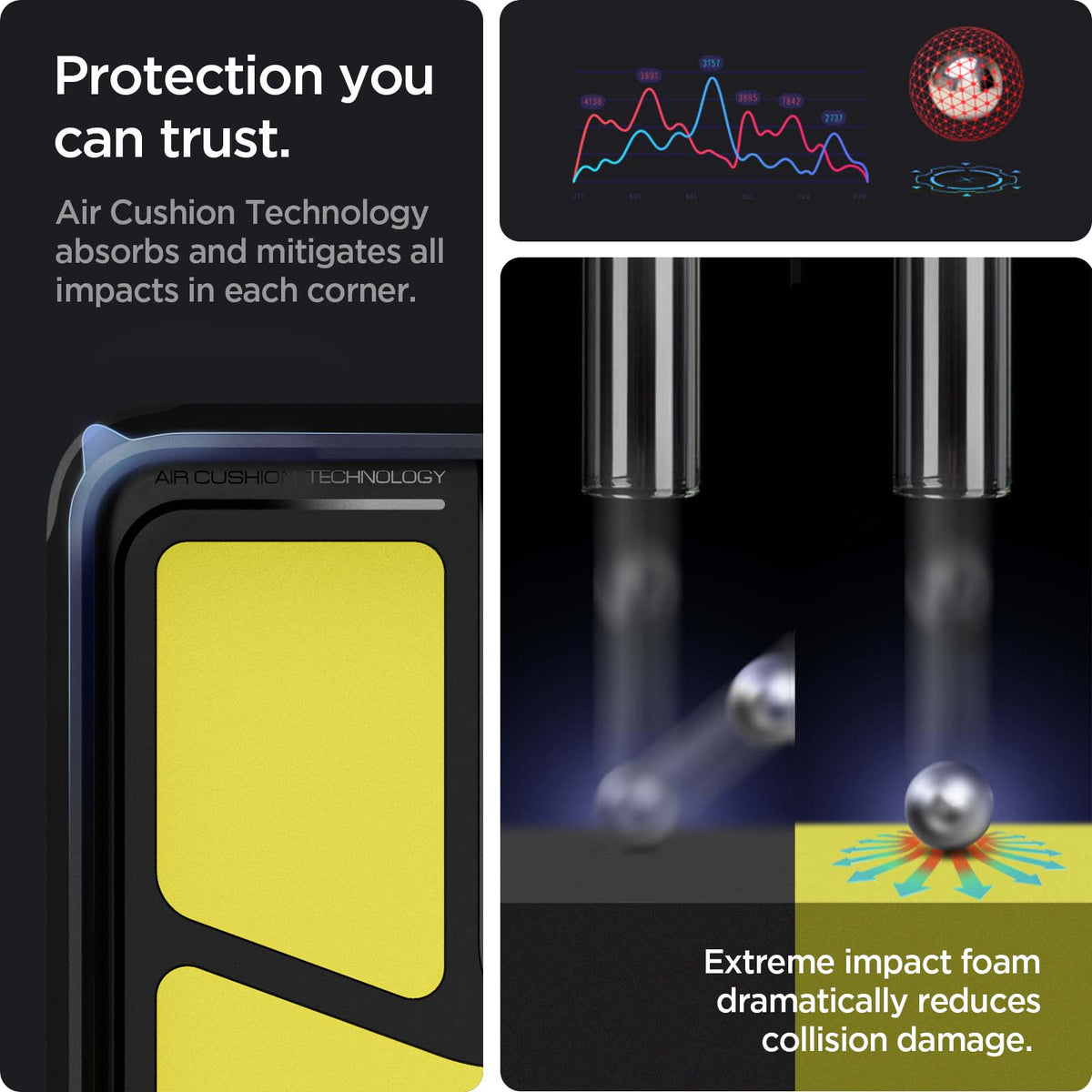 ACS04255 - Galaxy A53 5G Case Tough Armor in Black showing the protection you can trust. Air Cushion Technology absorbs and mitigates all impacts in each corner. Extreme impact foam dramatically reduces collision damage