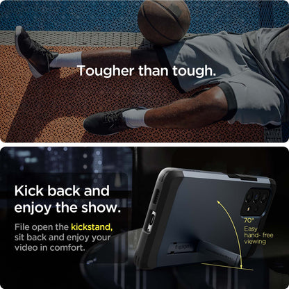 ACS04256 - Galaxy A53 5G Case Tough Armor in Metal Slate showing the kickstand with 70 degrees hand-free viewing.