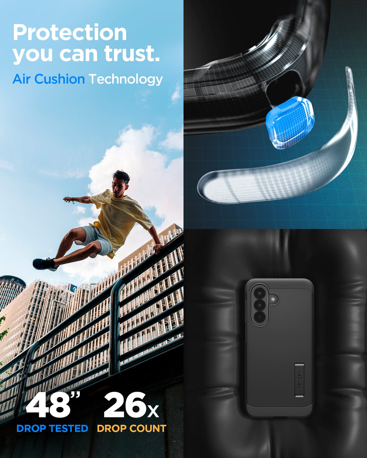 ACS11125 - Spigen Tough Armor Galaxy A57 5G case in Black with Air Cushion Technology corner detail - 48 inch drop tested, 26x drop count