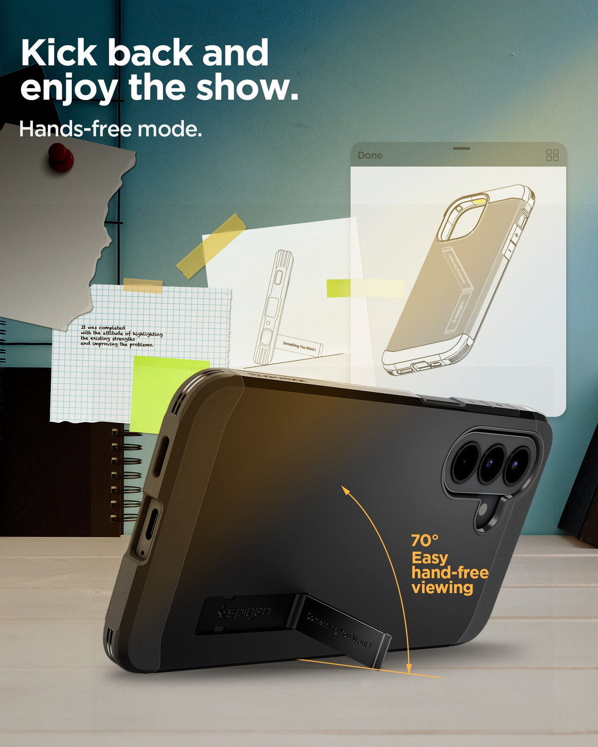 ACS11125 - Spigen Tough Armor Galaxy A57 5G case in Black highlighting built-in kickstand with 70-degree hands-free viewing angle