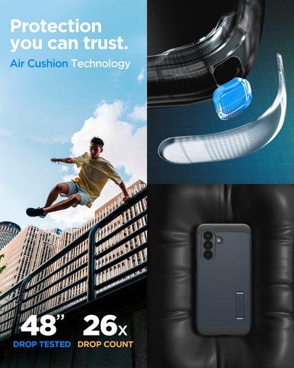 ACS11126 - Spigen Tough Armor Galaxy A57 5G case in Metal Slate with Air Cushion Technology, 48-inch drop tested 26 times