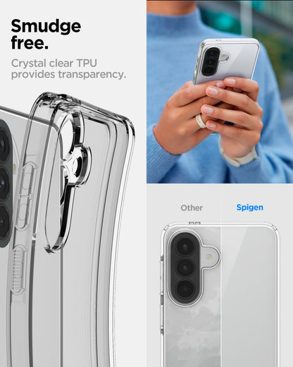 ACS11127 - Spigen Liquid Crystal Galaxy A57 5G case highlighting smudge-free crystal clear TPU transparency versus competing brands