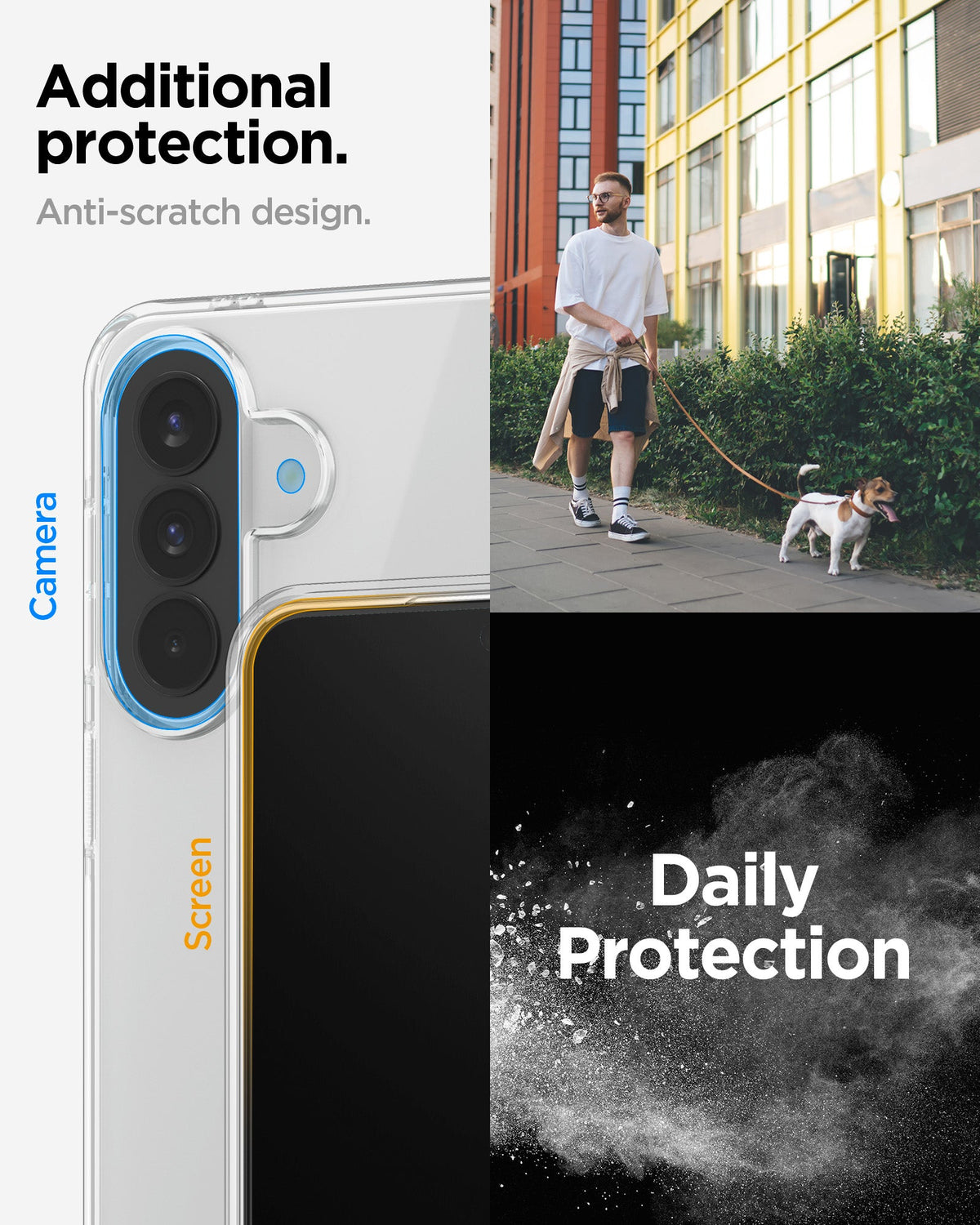 ACS11127 - Spigen Liquid Crystal Galaxy A57 5G case showing raised camera and screen lip protection with anti-scratch design callouts