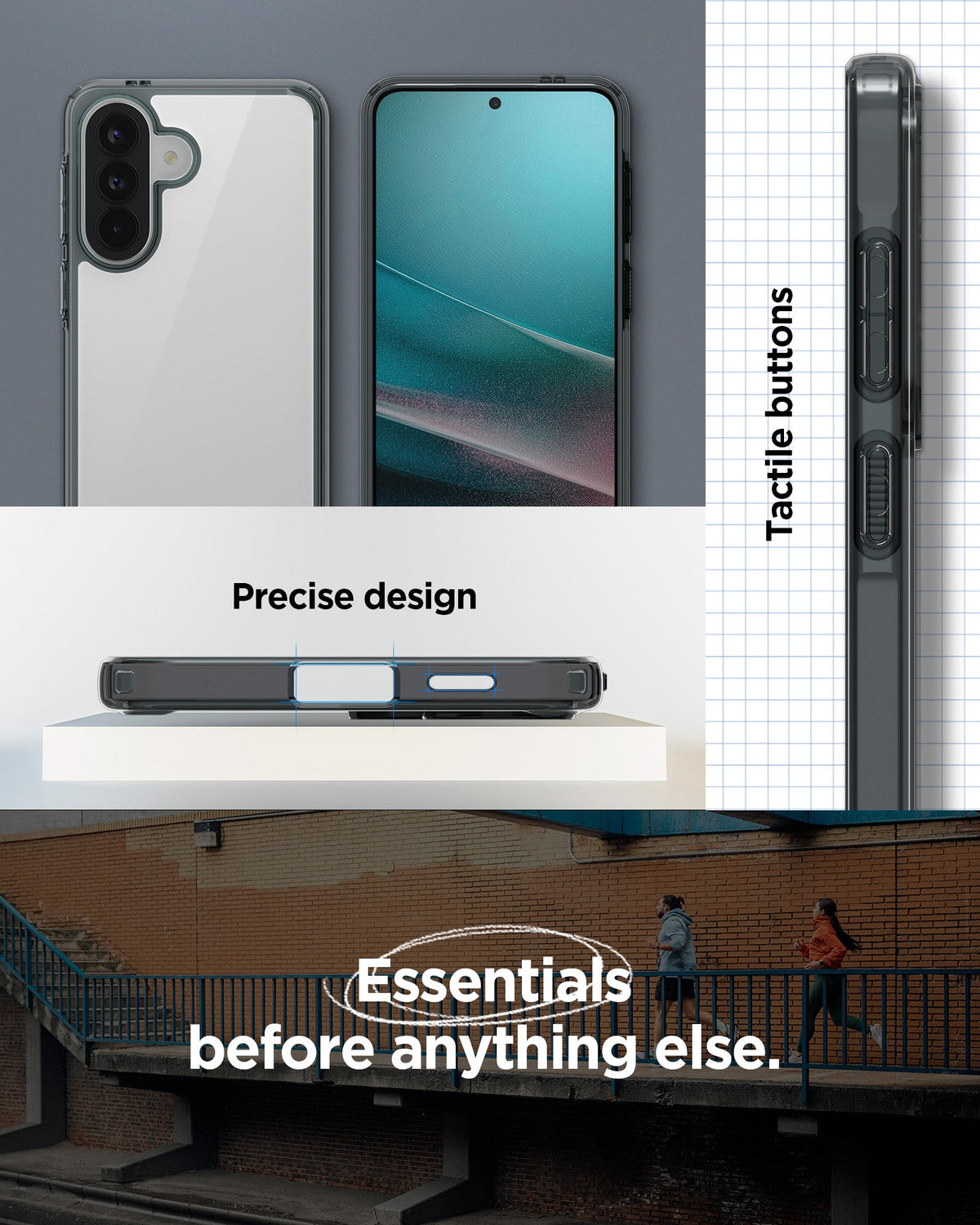 ACS11124 - Spigen Ultra Hybrid Galaxy A57 5G case in Space Crystal showing front and back views, precise port cutouts, and dark tinted tactile side buttons