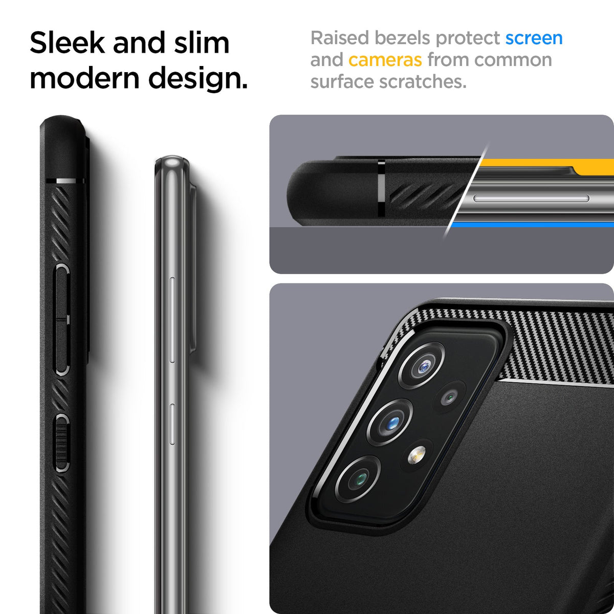 ACS02324 - Galaxy A72 Case Rugged Armor in Matte Black showing the sleek and slim modern design. Raised bezels protect screen and cameras from common surface scratches