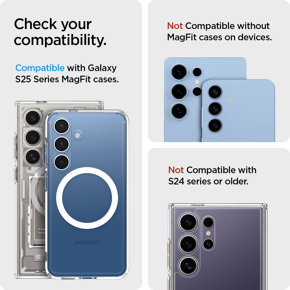 AFA09206 - Galaxy S25 Series Ultra Hybrid MagFit Wallet (MagFit) in Crystal Clear showing the compatibility. Compatible with Galaxy S25 Series MagFit cases. Not Compatible without MagFit cases on devices | Not Compatible with S24 series or older