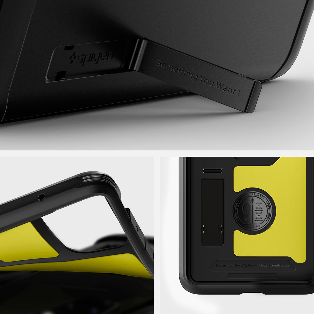 ACS00757 - Galaxy S20 Plus Tough Armor Case in black showing kick stand and rugged case.