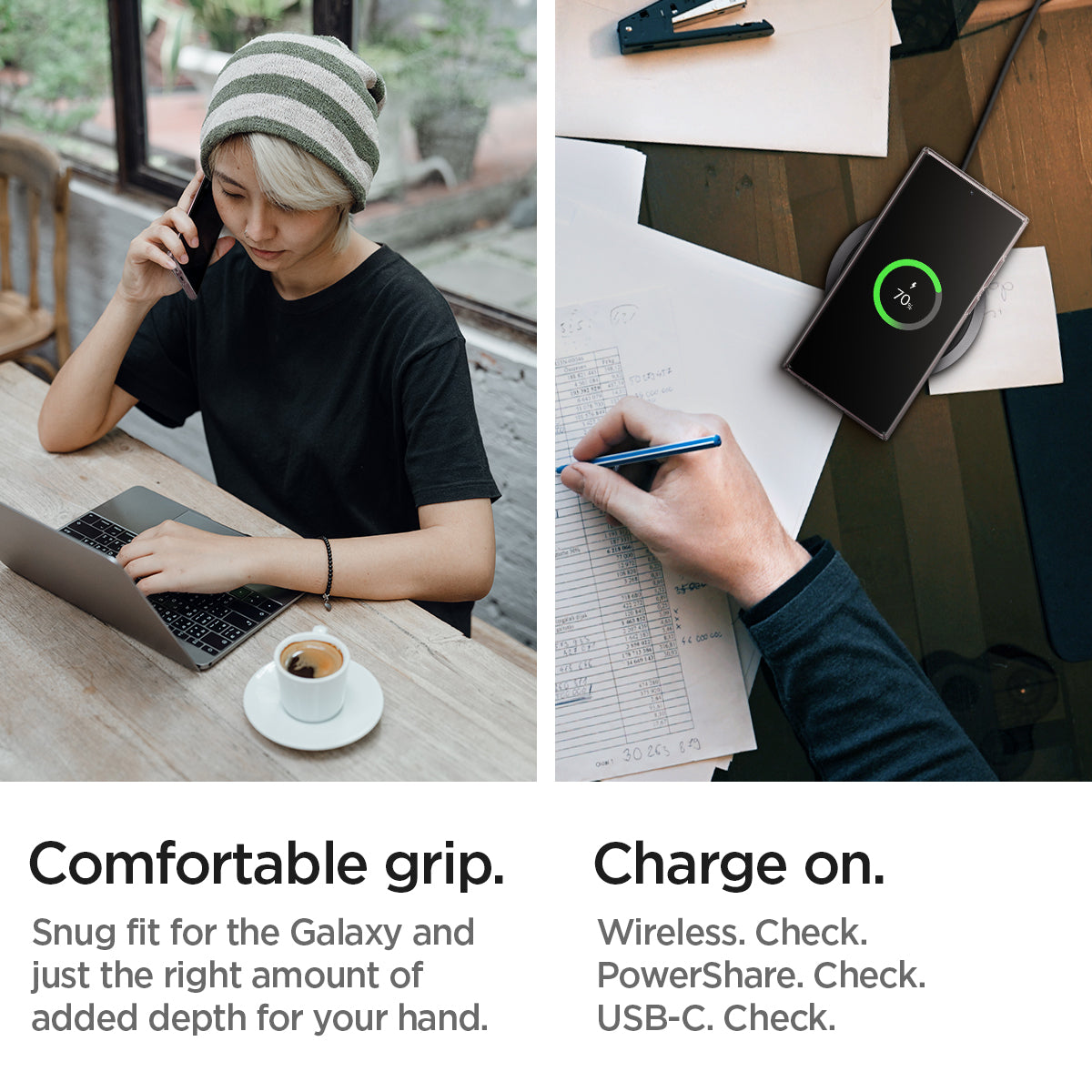 ACS03918 - Galaxy S22 Ultra 5G Case Ultra Hybrid in crystal clear comfortable grip. snug fit for the galaxy and just the right amount of depth for your hand's comfort. charge on. powershare. wireless charge. USB-C cable.