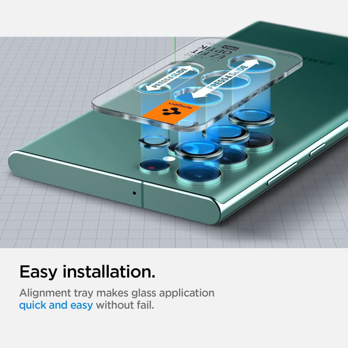 AGL04754 - Galaxy S22 Ultra EZ Fit Optik Pro Lens Protector Glass.tR in green easy installation. alignment tray makes glass application quick and easy without fail.