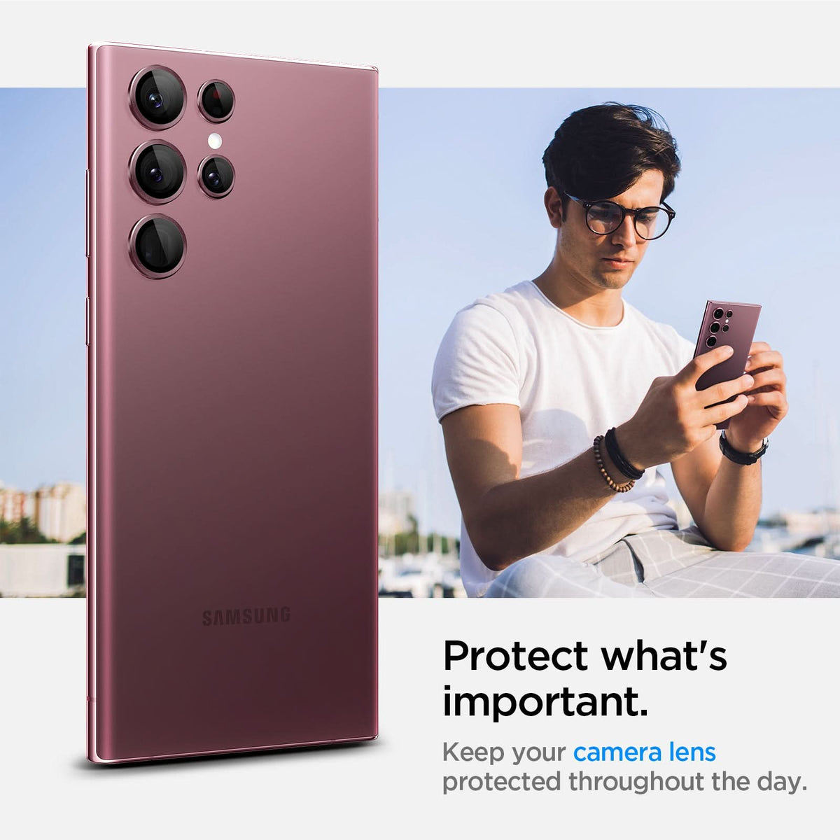 AGL04752 - Galaxy S22 Ultra EZ Fit Optik Pro Lens Protector Glass.tR in burgundy protect what' important. Keep your camera lens protected throughout the day.