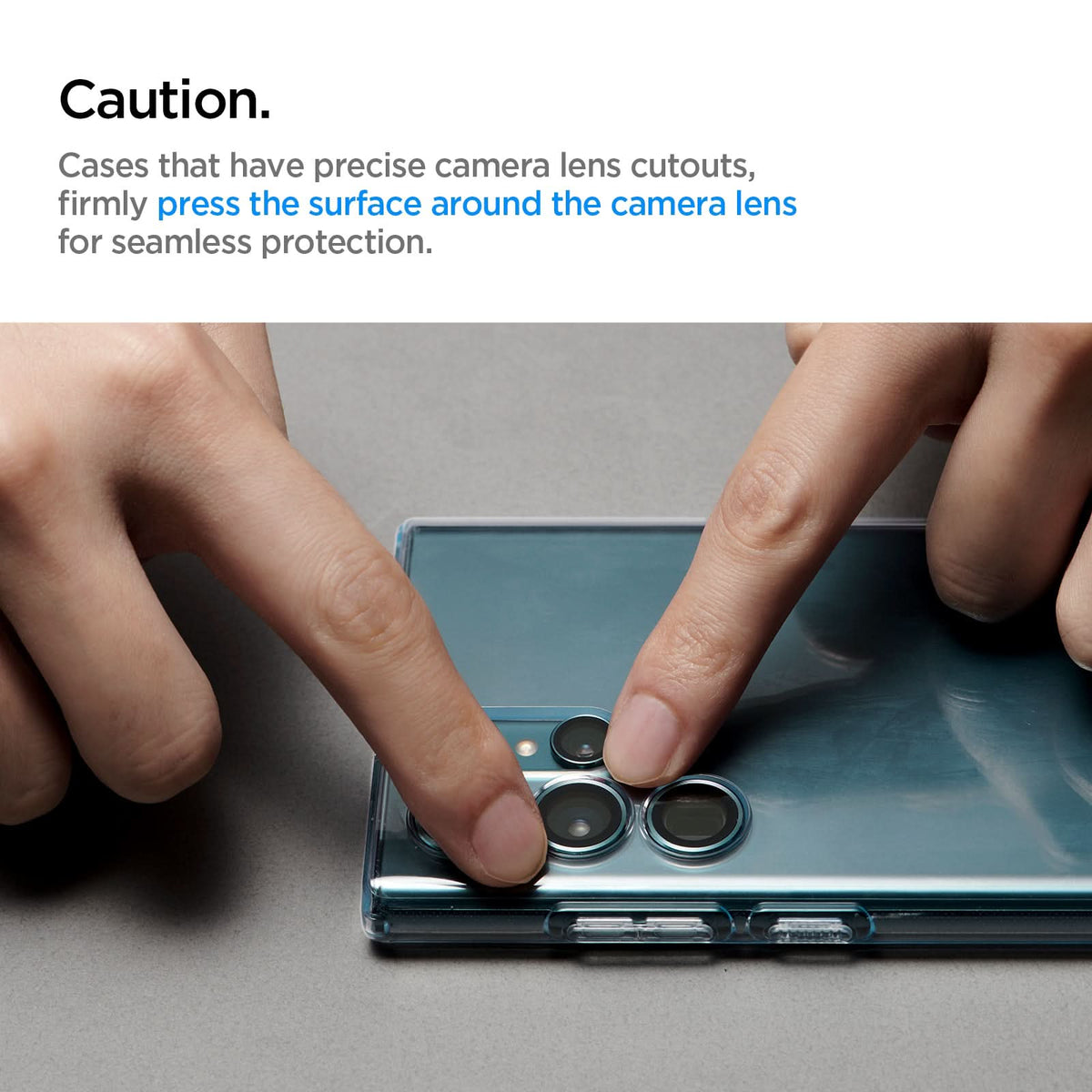 AGL04753 - Galaxy S22 Ultra EZ Fit Optik Pro Lens Protector Glass.tR in phantom white caution cases that have precise camera lens cutouts, firmly press the surface around the camera lens for seamless protection.
