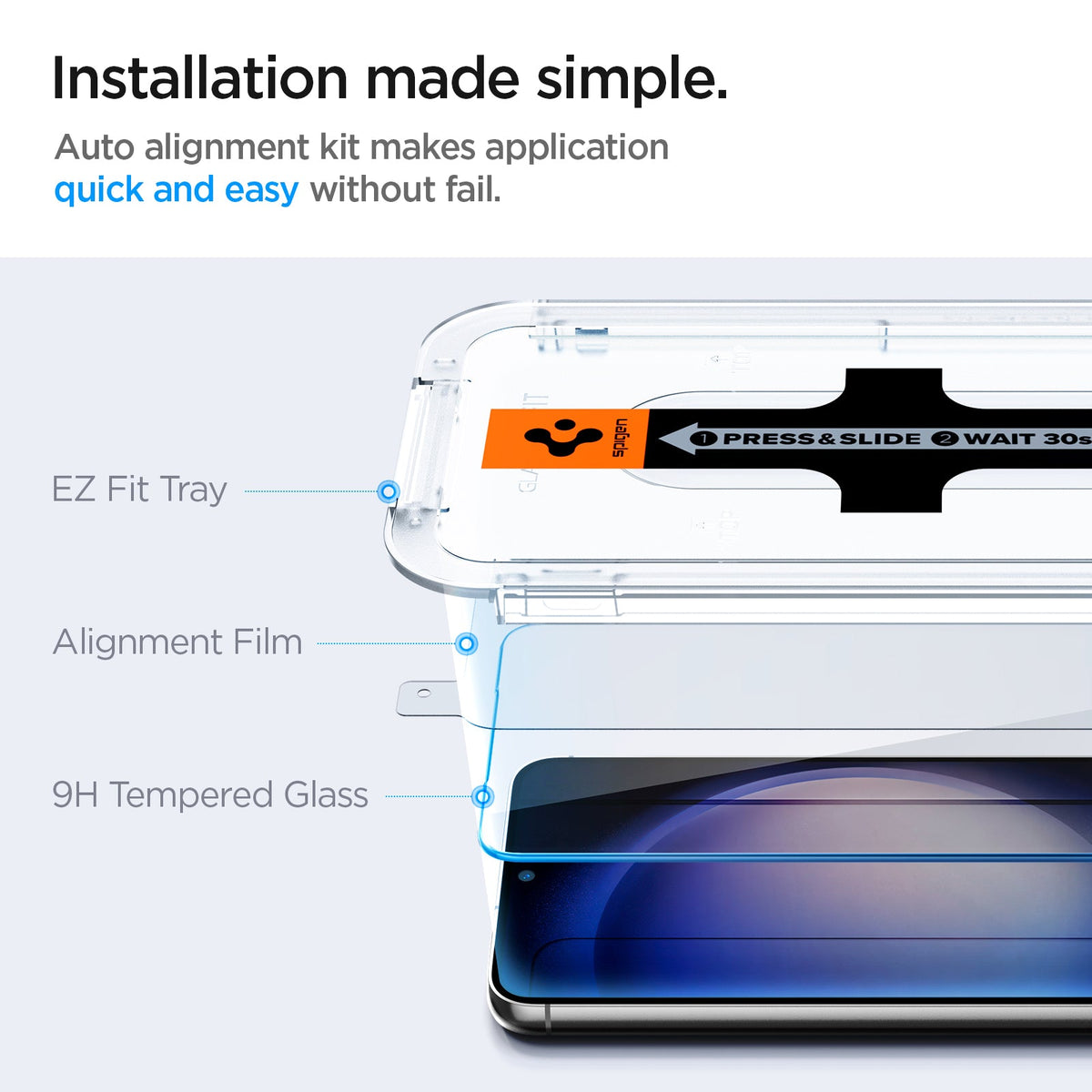 AGL05952 - Galaxy S23 Plus EZ FIT GLAS.tR Screen Protector installation made simple. Auto alignment kit makes application quick and easy without fail. EZ Fit tray, Alignment film, 9H tempered glass.