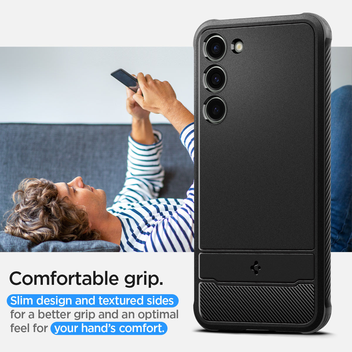 ACS05665 - Galaxy S23 Plus Case Rugged Armor in matte black comfortable grip. Slim design and textured sides for a better grip and an optimal feel for your hand's comfort.
