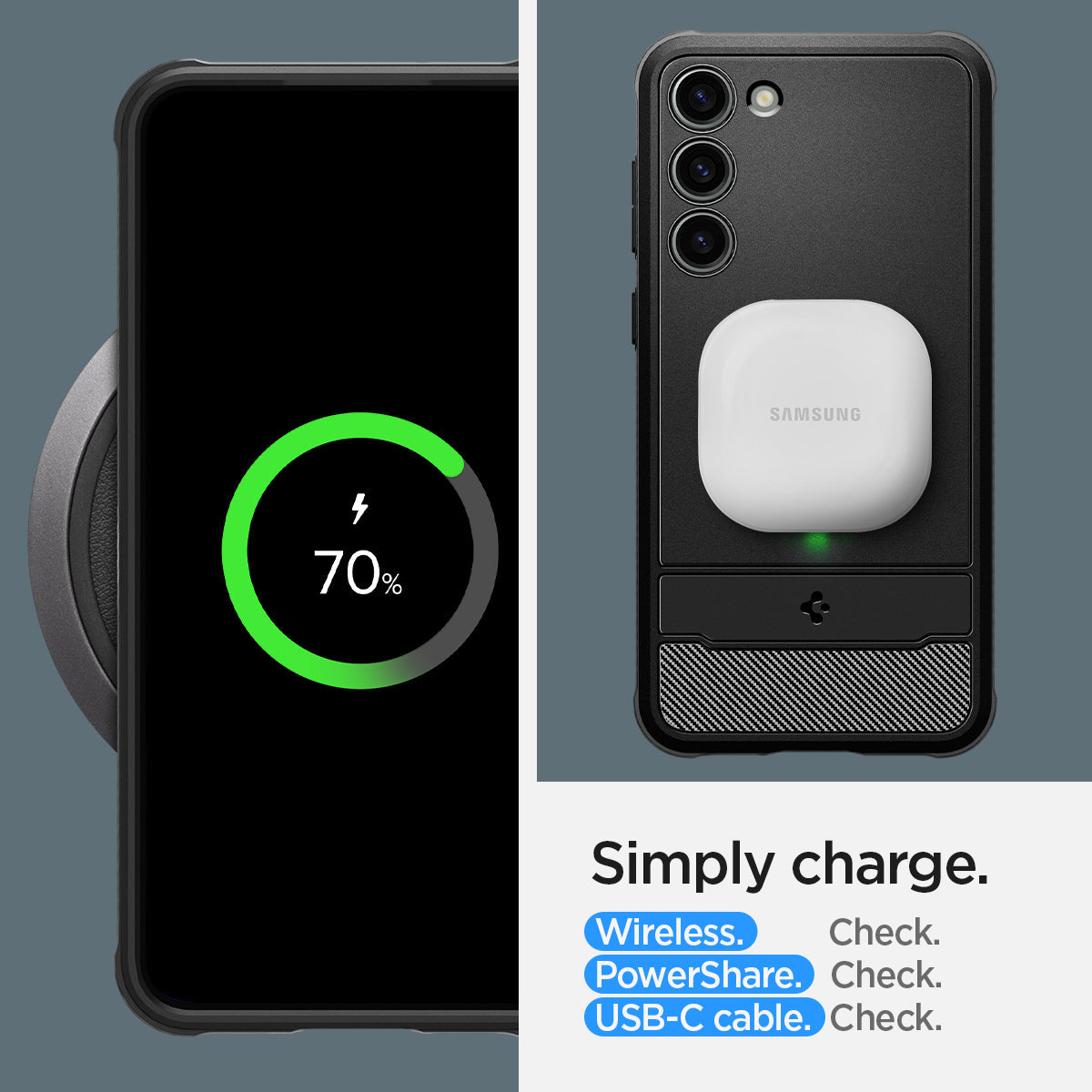 ACS05665 - Galaxy S23 Plus Case Rugged Armor in matte black Simply charge wireless check. power share check. USB-C cable.