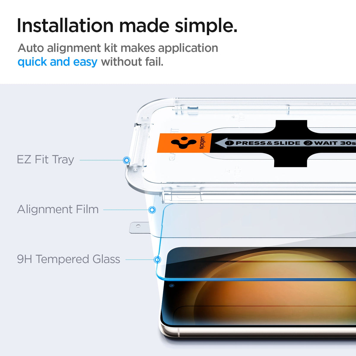 AGL05958 - Galaxy S23 EZ FIT GLAS.tR Screen Protector installation made simple. Auto alignment kit makes application quick and easy without fail. EZ Fit tray, Alignment film, 9H tempered glass.