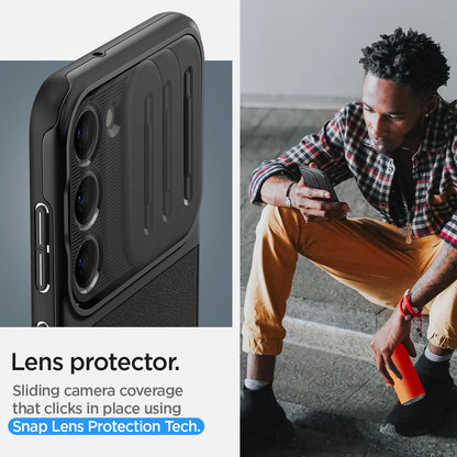 ACS05733 - Galaxy S23 Case Optik Armor in black lens protector. Gliding camera coverage that clicks n place using Snap lens protection tech.