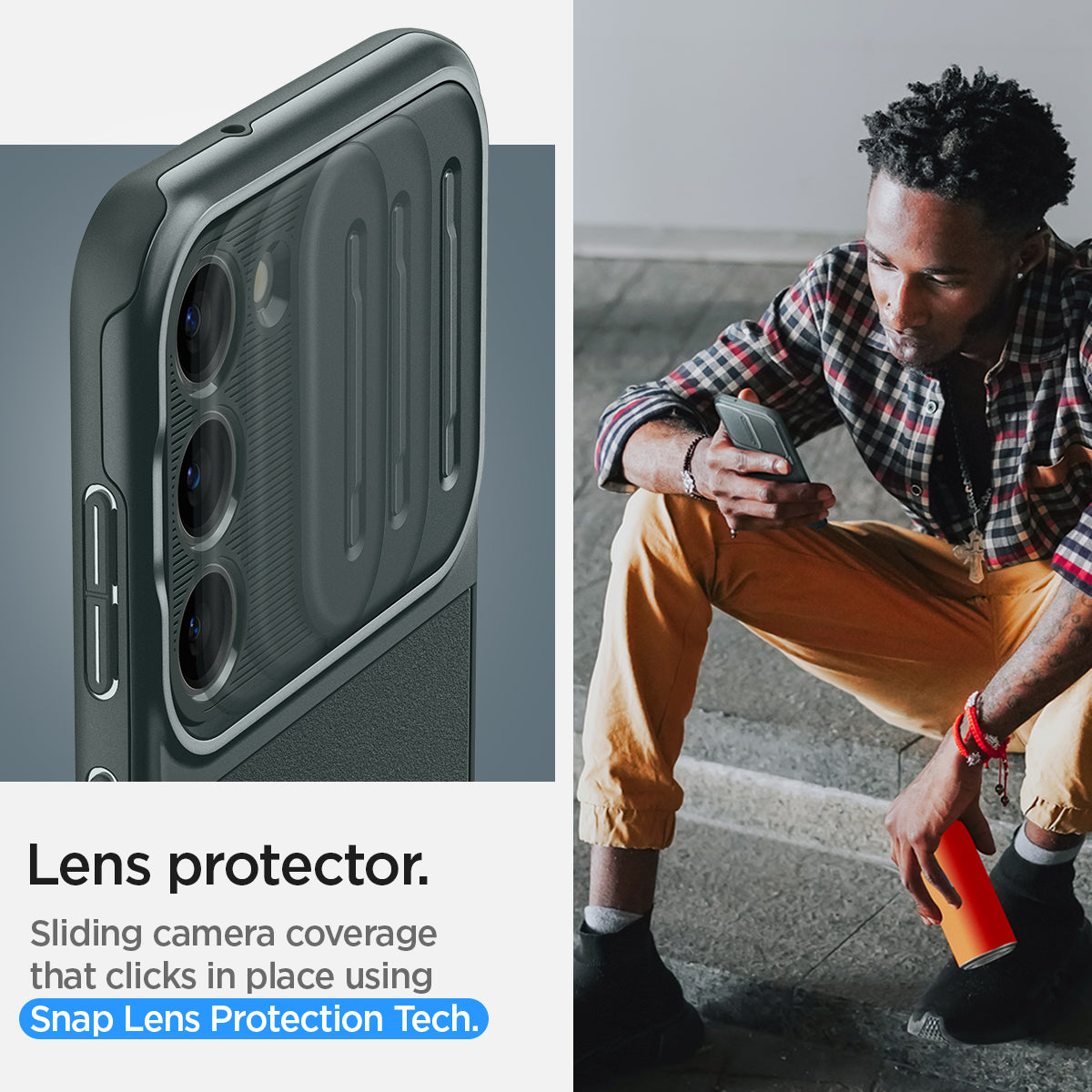 ACS06088 - Galaxy S23 Case Optik Armor in abyss green lens protector. Gliding camera coverage that clicks n place using Snap lens protection tech.
