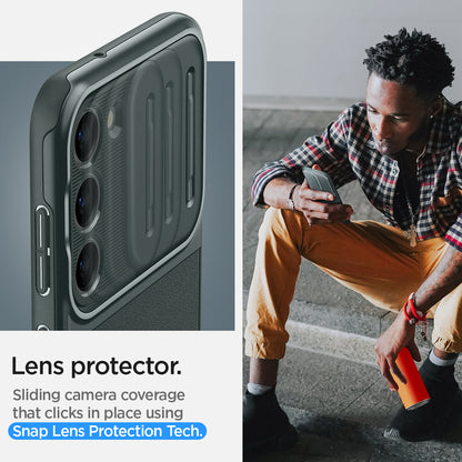 ACS06088 - Galaxy S23 Case Optik Armor in abyss green lens protector. Gliding camera coverage that clicks n place using Snap lens protection tech.