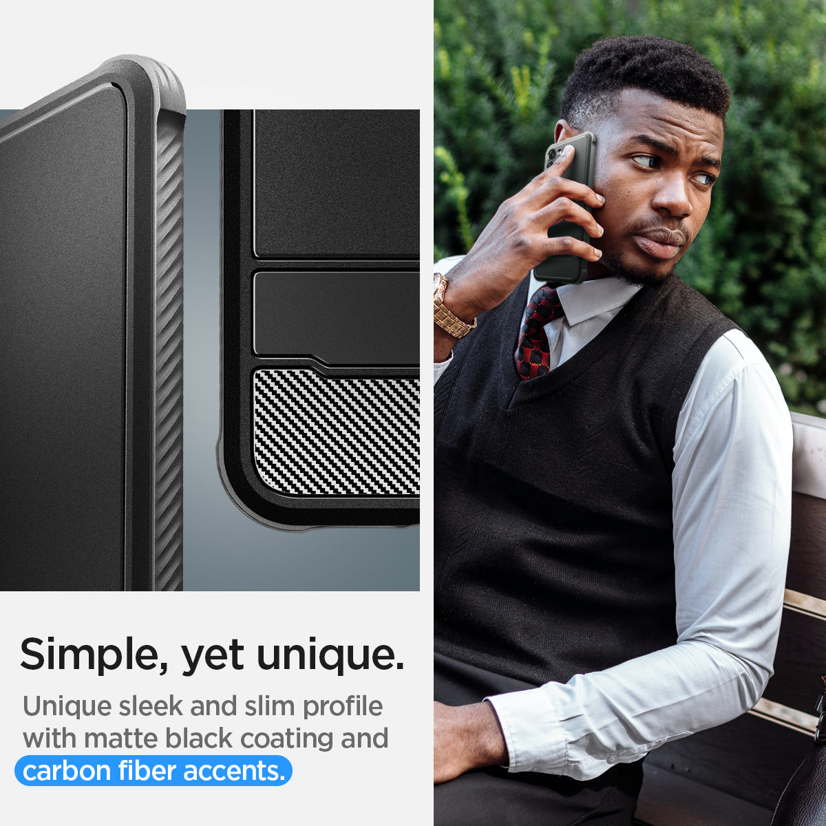 ACS05711 - Galaxy S23 Case Rugged Armor in matte black simple, yet unique. unique sleek and slim profile with matte black coating and carbon fiber accents.