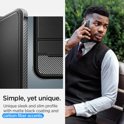 ACS05711 - Galaxy S23 Case Rugged Armor in matte black simple, yet unique. unique sleek and slim profile with matte black coating and carbon fiber accents.