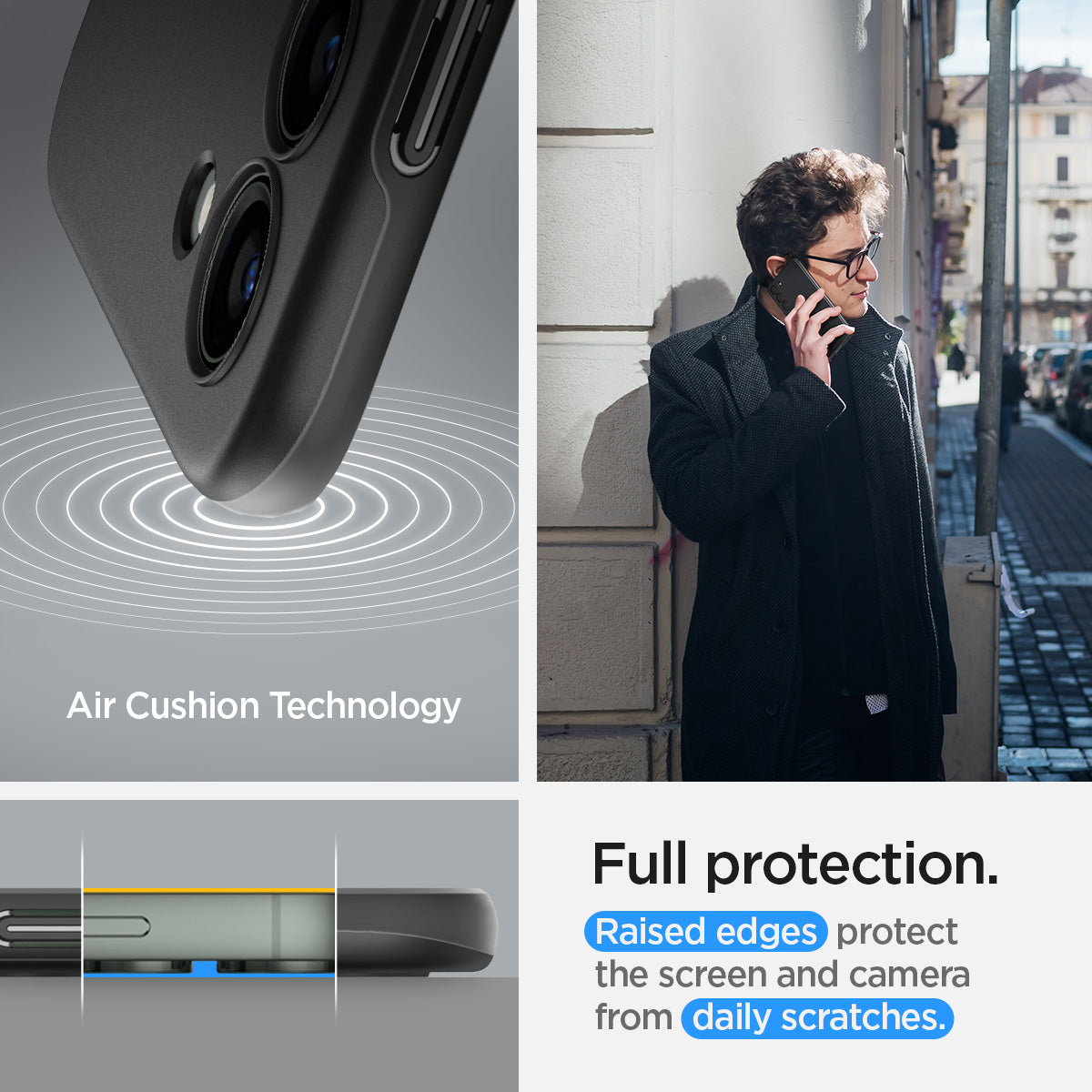 ACS05707 - Galaxy S23 Case Thin Fit in black showing the full protection. Raised edges protect the screen and camera from daily scratches with Air Cushion Technology