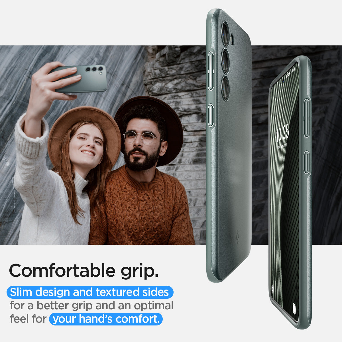 ACS06084 - Galaxy S23 Case Thin Fit in abyss green showing the comfortable grip. Slim design and textured sides for a better grip and an optional feel for your hand's comfort