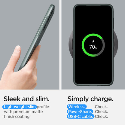 ACS06084 - Galaxy S23 Case Thin Fit in abyss green showing the sleek and slim. Lightweight slim profile with premium matte finish. Simply charge. Wireless, PowerShare and USB-C all check