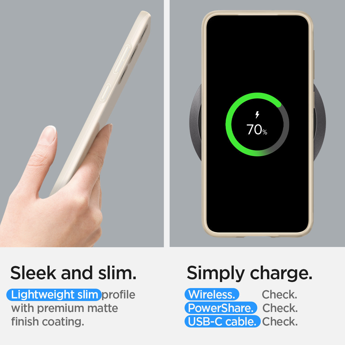 ACS06083 - Galaxy S23 Case Thin Fit in pearled ivory showing the sleek and slim. Lightweight slim profile with premium matte finish. Simply charge. Wireless, PowerShare and USB-C all check