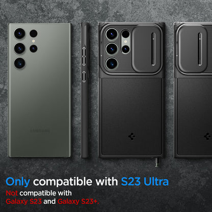 ACS05639 - Galaxy S23 Ultra Case Optik Armor in black only compatible with S23 Ultra. Not compatible with Galaxy S23 and Galaxy S23+.