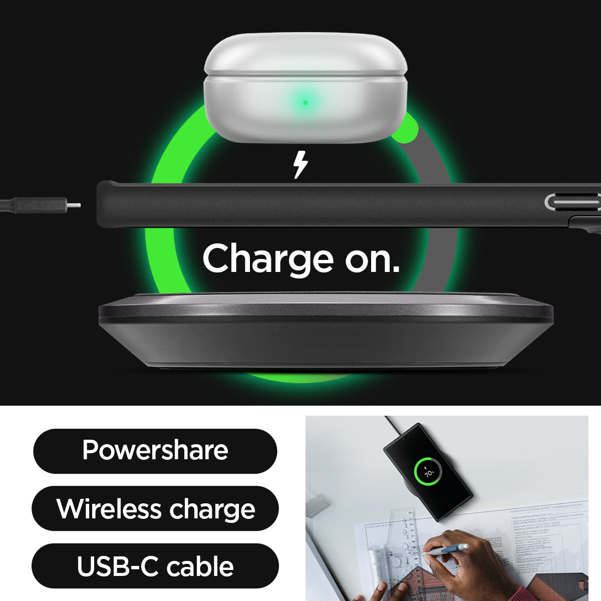 ACS05639 - Galaxy S23 Ultra Case Optik Armor in black charge on. powershare. wireless charge. USB-C cable.