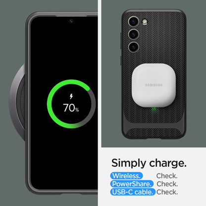 ACS05674 - Galaxy S23 Plus Case Neo Hybrid in black Simply charge wireless check. power share check. USB-C cable.