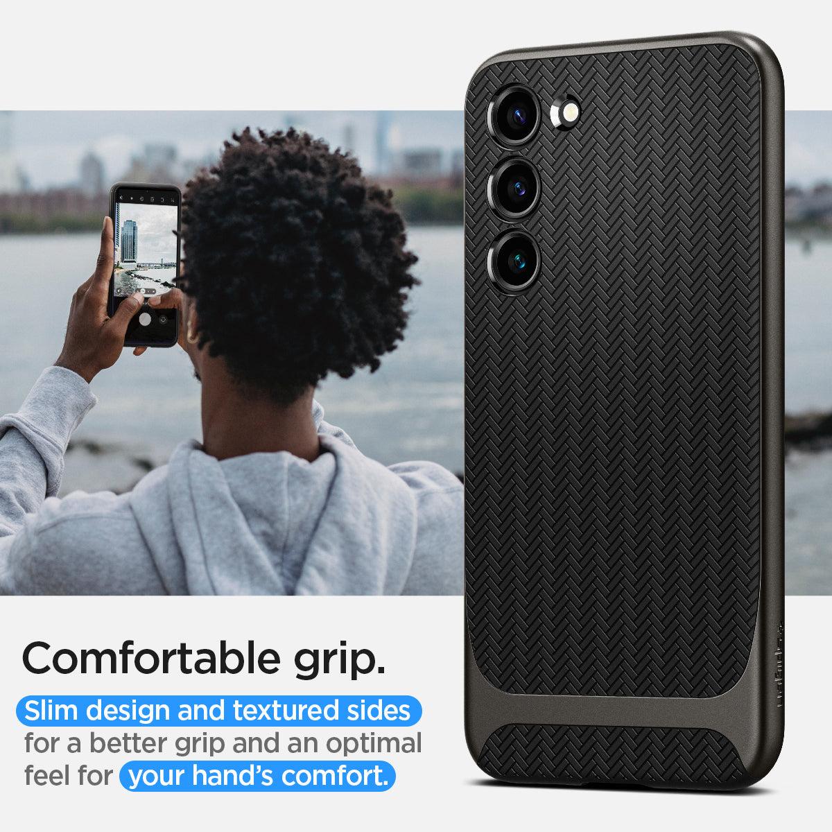 ACS05675 - Galaxy S23 Plus Case Neo Hybrid in gunmetal comfortable grip. Slim design and textured sides for a better grip and an optimal feel for your hand's comfort.