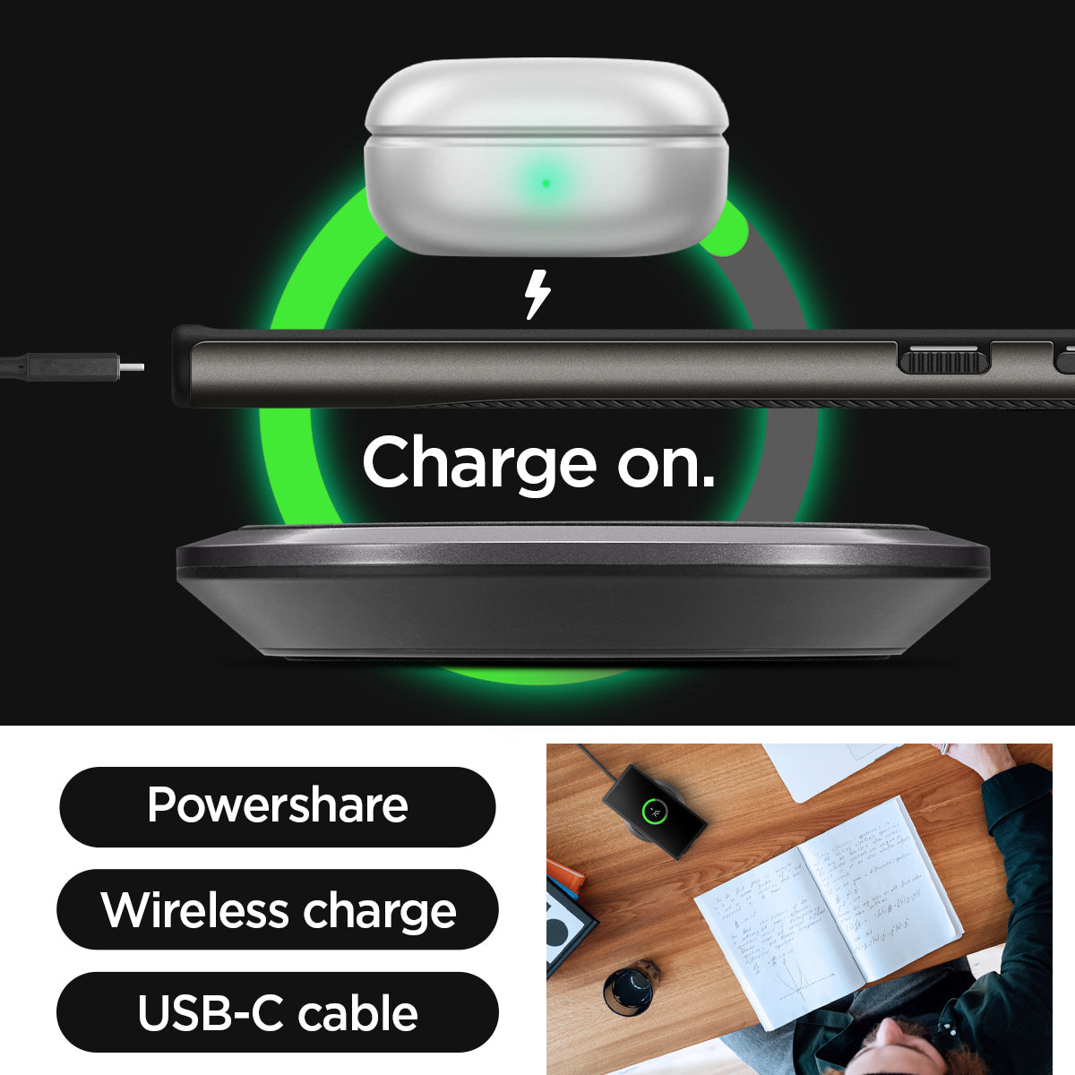 ACS05627 - Galaxy S23 Ultra Case Neo Hybrid in gunmetal charge on. powershare. wireless charge. USB-C cable.