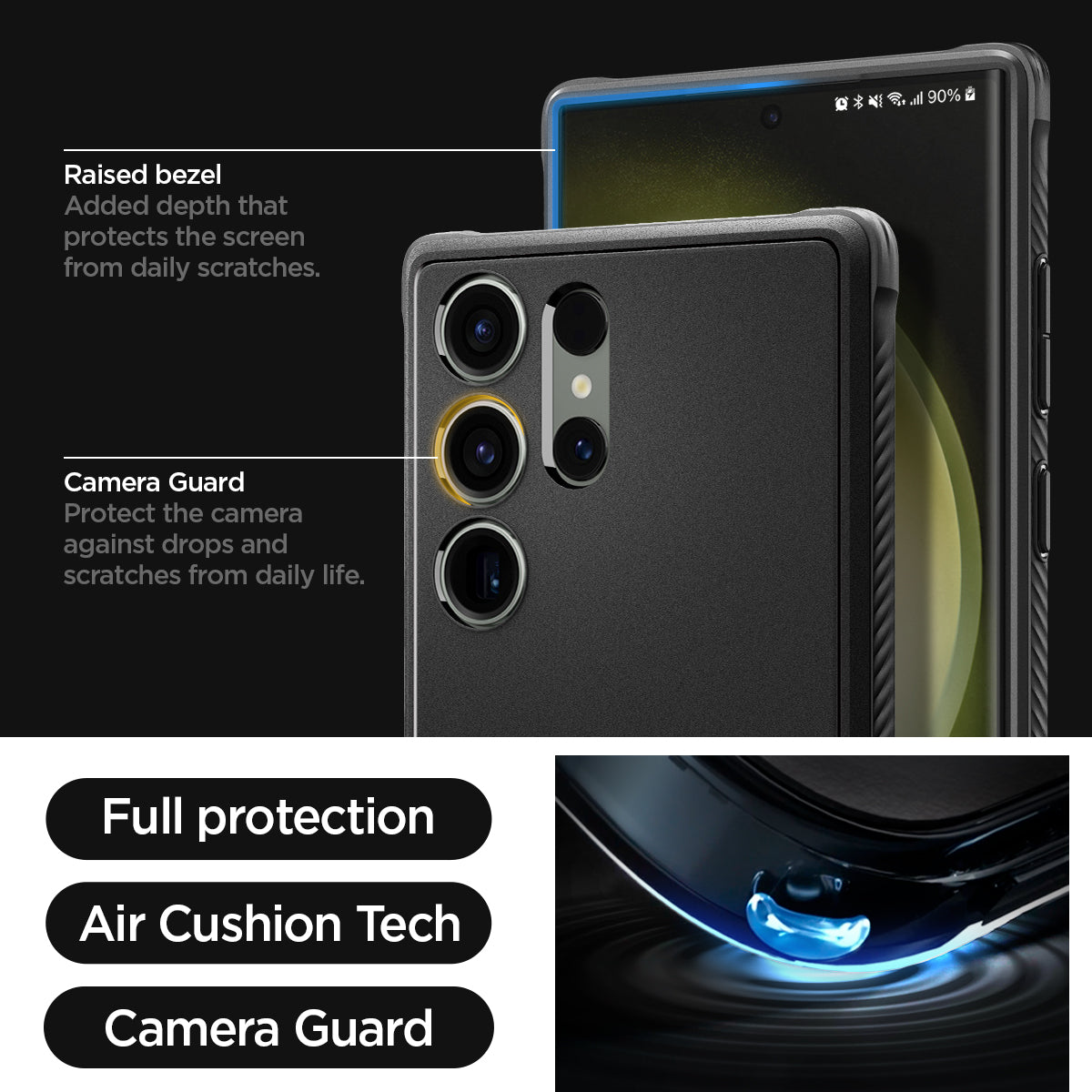 ACS05613 - Galaxy S23 Ultra Case Rugged Armor in matte black raised bezel added depth that protects the screen from daily scratches. camera guard protect the camera against drops and scratches from daily life. full protection. air cushion tech. camera guard.