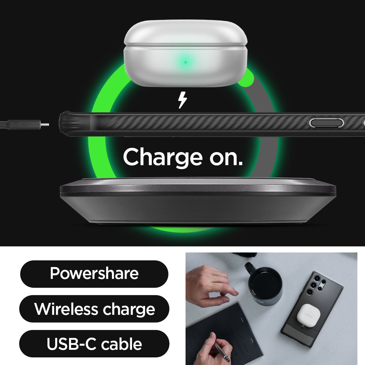 ACS05613 - Galaxy S23 Ultra Case Rugged Armor in matte black charge on. powershare. wireless charge. USB-C cable.