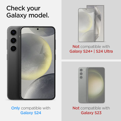 AGL07438 - Galaxy S24 GLAS.tR EZ Fit in Transparency showing the only compatible with Galaxy S24. Not compatible with Galaxy S24 Ultra | S24+ | Galaxy 23