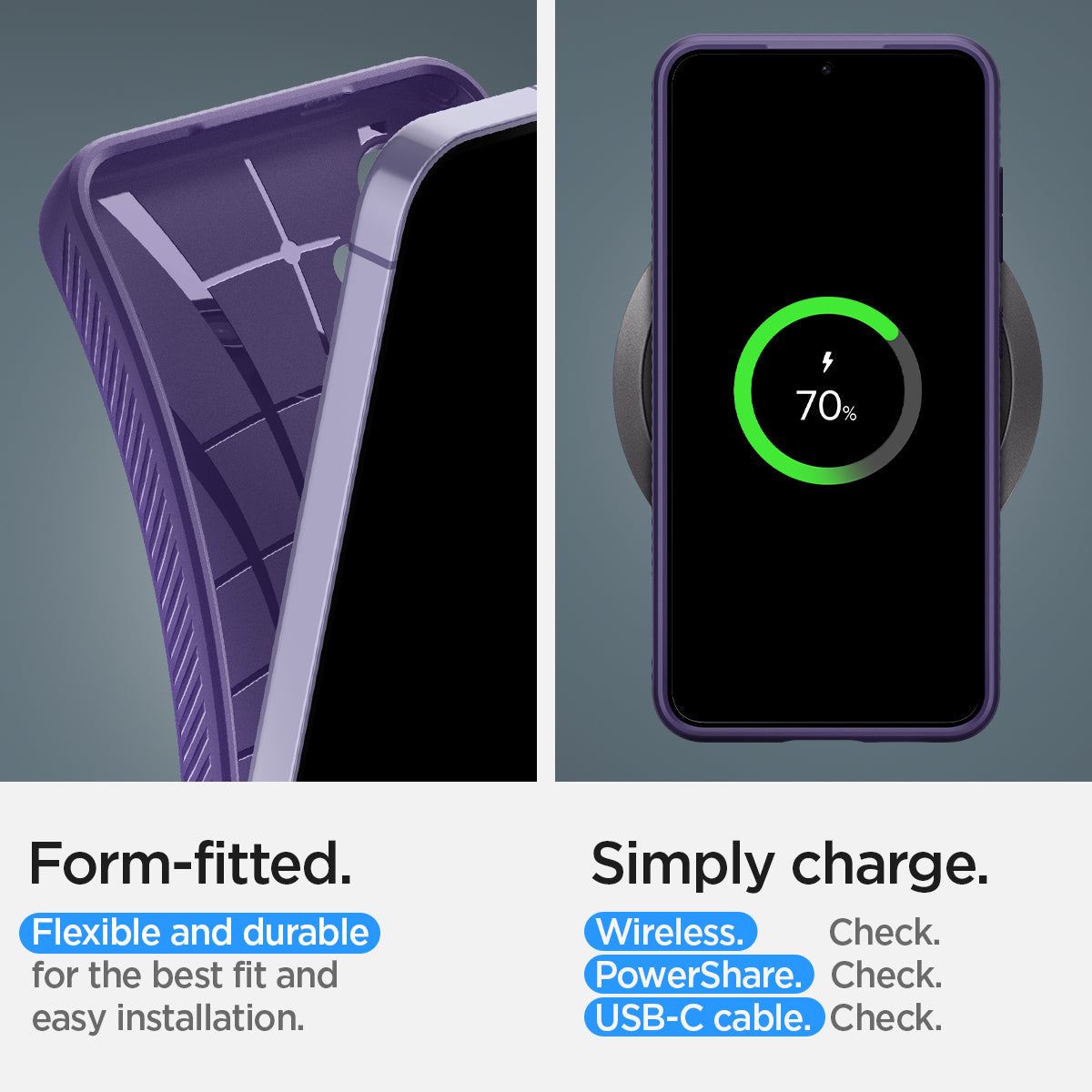 ACS07451 - Galaxy S24 Case Liquid Air in Deep Purple form fitted flexible and durable for the best fit and easy installation. Simply charge wireless check. power share check. USB-C cable.