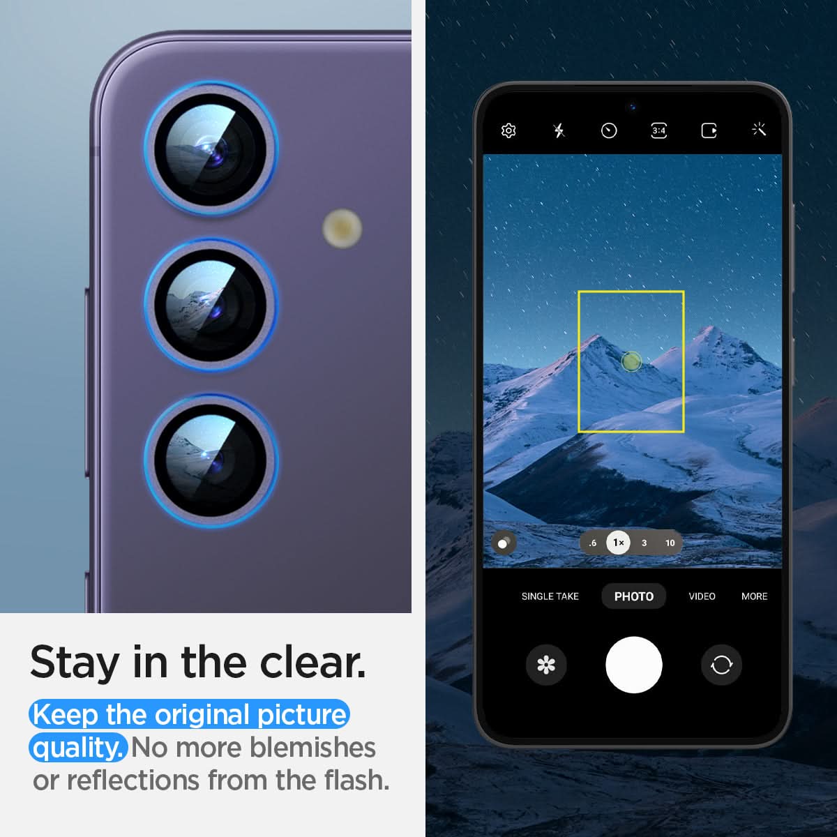 AGL07443 - Galaxy S24 Optik Pro EZ Fit Lens Protector in Violet showing how it stays clear. Keep the original picture quality. No more blemishes or reflections from the flash