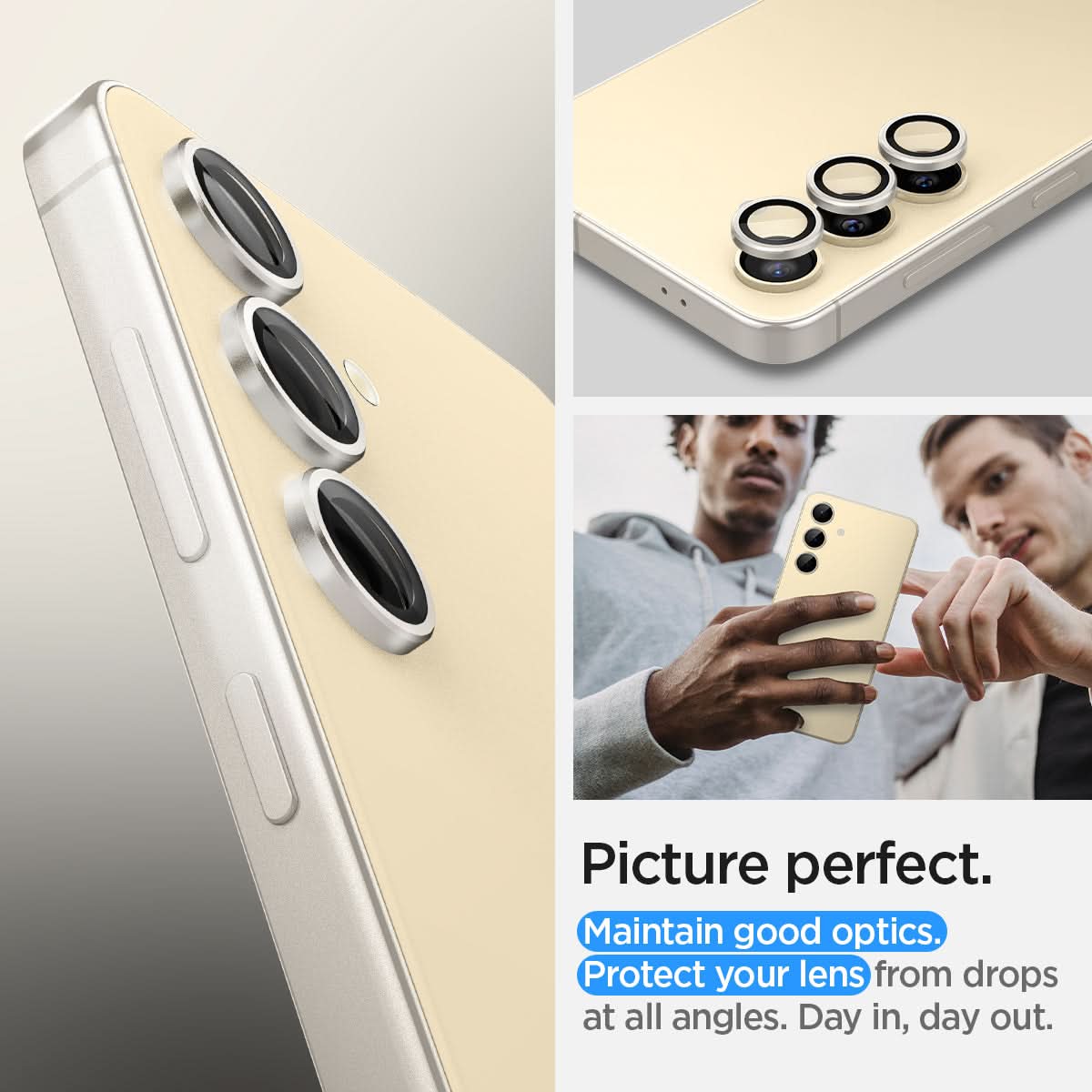 AGL07444 - Galaxy S24 Optik Pro EZ Fit Lens Protector in Yellow showing the picture perfect. Maintain good optics. Protect your lens from drops at all angles. Day in, day out
