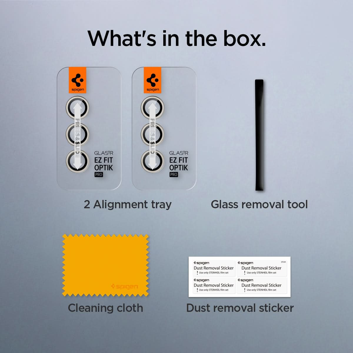 AGL07444 - Galaxy S24 Optik Pro EZ Fit Lens Protector in Yellow showing what's in the box. 2 Alignment trays, Glass removal tool, Cleaning cloth and Dust removal sticker