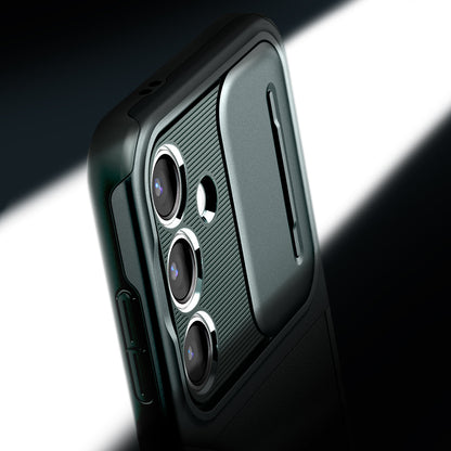 ACS07364 - Galaxy S24 Case Optik Armor in Abyss Green showing the partial back, top and side, slider open, camera zoomed in