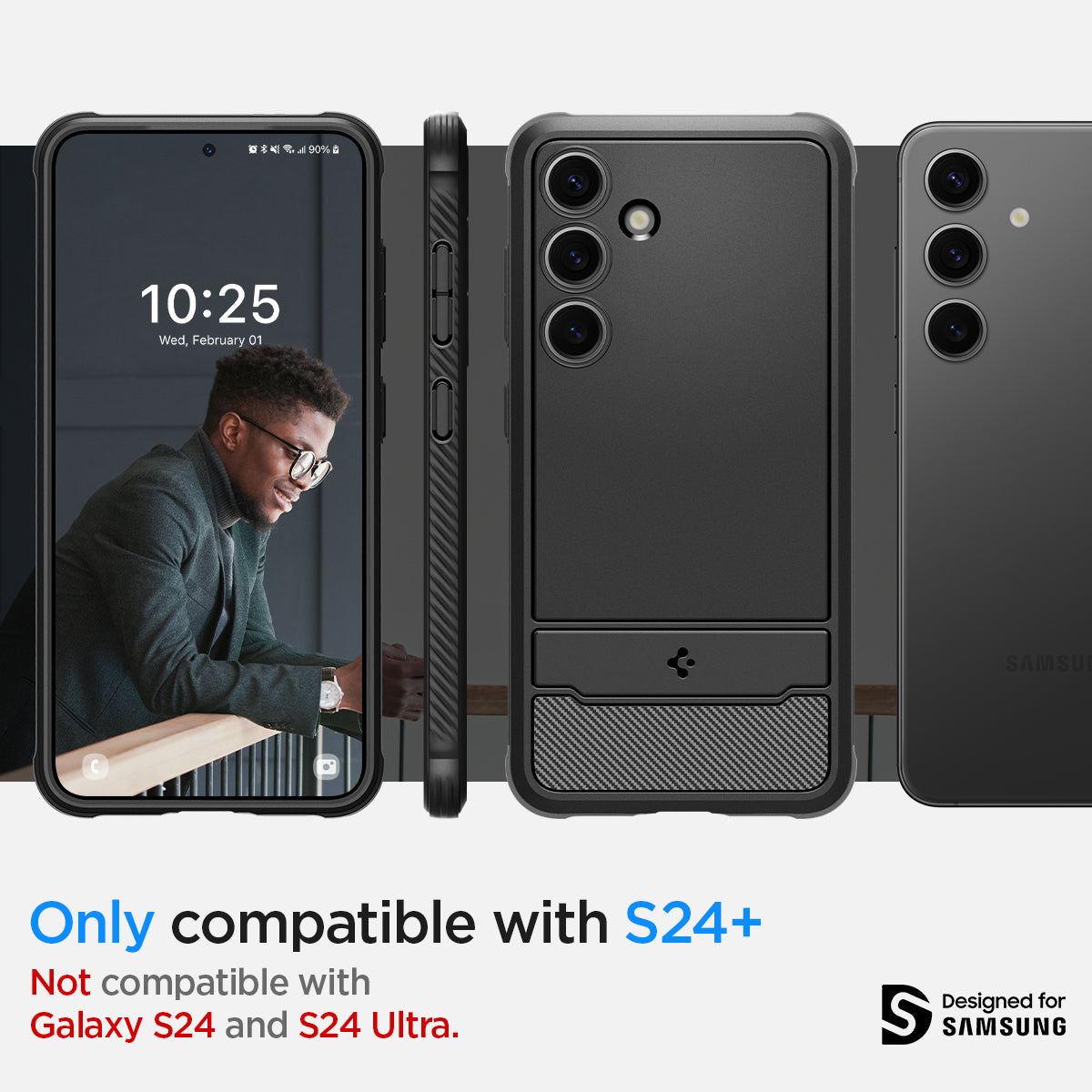 ACS07326 - Galaxy S24 Plus Case Rugged Armor in Matte Black showing the compatibility only with S24+. Not compatible with Galaxy S24 and S24 Ultra